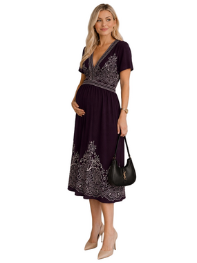 Motherhood Maternity V-Neck Dress Maroon Purple Paisley Print Size Large